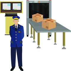 Security check pacels, boxes. Luggage is checked at the airport. Tape portal for reliable security of a transport airport. Computer baggage tracking officer. Сustoms control.