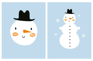 Cute Winter Holidays Vector Illustration with Funny Smiling Snowman Isolated on a Light Blue Background. Infantile Style Winter Season Print Ideal for Card, Wall Art, Christmas Decoration.