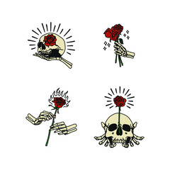 Set of Various Rose Skull Handmade Vector Illustration