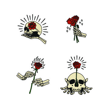 Set of Various Rose Skull Handmade Vector Illustration