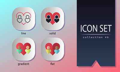 Romantic icons for dating websites, social networks, media, infographics, mobile apps. People with heart in line, solid, gradient and flat styles. Couple, love, relationship, greeting symbols. EPS 10