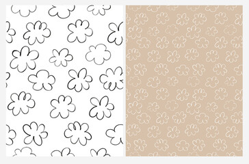 Abstract Hand Drawn Childish Style Vector Patterns. Funny Fluffy Clouds on Gold and White Background. Modern Baby Shower Seamless Pattern. Irregular Freehand Repeatable Print.