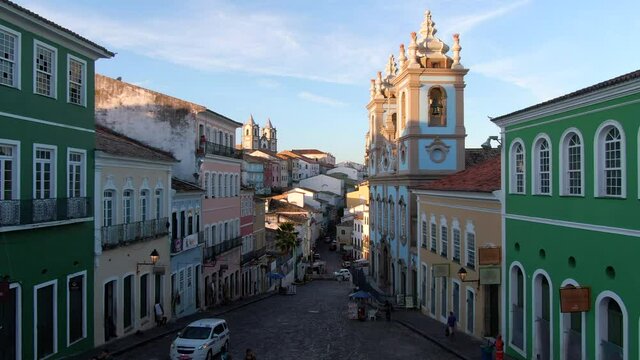 Salvador, Bahia, Brazil, aerial view of the historical district of Pelourinho showing colourful colonial buildings at sunset.