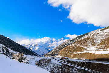 Fototapeta na wymiar North Ossetia is a mountainous area in winter. Snowy mountain landscape. panorama of the winter landscape. resort area