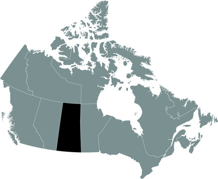 Black flat blank highlighted locator administrative map of the Canadian province of SASKATCHEWAN inside gray flat map of CANADA