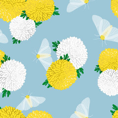 Seamless pattern of chrysanthemum flower and white butterfly. Vector illustration.