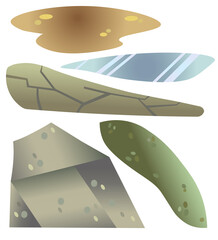 Vector set of different nature texture surfaces: ground, ice, tree bark, moss, rock. Stylized illustration for games, print, poster, card.