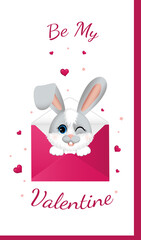  Happy Valentine's Day. Greeting postcard with pink hearts and little rabbit (hare), sitting in the envelope.