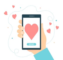 Love message sending concept. Hand holds smartphone with heart. Social network concept. Mobile phone in hand on a white background. Vector illustration in flat style for Valentine's Day.