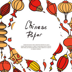 Doodle vector banner with chinese paper lanterns. Flat colorful icons oriental decoration of china culture. Illustration of asian celebration festival decor. Hand draw traditional lights isolated on