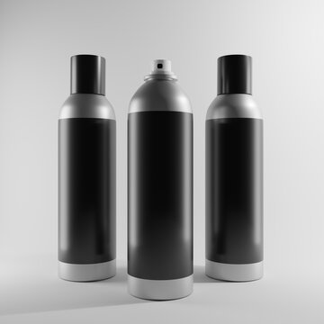 three metallic bottles spray with blank label a front view 3d render