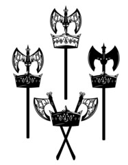 medieval battle axe inside royal crown outline - warrior king power monochrome vector design set