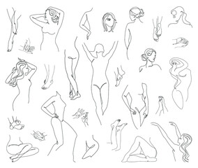 Collection. Silhouettes of the figure of a girl a in a modern one-line style. Solid line, aesthetic outline for home decor, posters, stickers, logo. Vector illustration set.