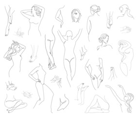 Collection. Silhouettes of the figure of a girl a in a modern one-line style. Solid line, aesthetic outline for home decor, posters, stickers, logo. Vector illustration set.