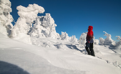 Fototapeta na wymiar a tourist stands on a snowy mountain in winter in sunny weather