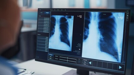 Hospital Laboratory: Black Female Medical Doctor is Working on Computer Analysing X-rays on Screen. African American Physician Working on Disease Prevention Treatment. Closeup Rack Focus Over Shoulder - Powered by Adobe