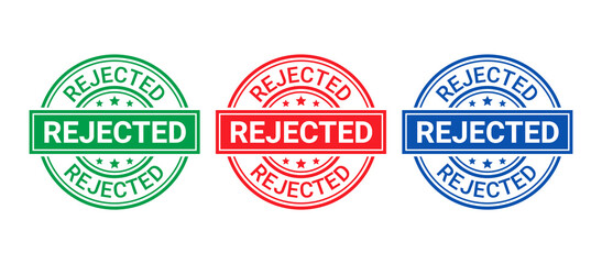 Rejected stamp. Round emblem reject. Denied permit sticker, label. Negative decision mark. Retro circular badge isolated on white background. Red, blue, green seal imprints. Vector illustration.