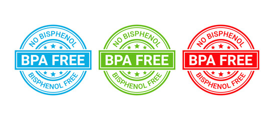 BPA free stamp icon. Non toxic plastic round label. No bisphenol badge. Seal imprints for eco package. Waste marks isolated on white background. Set retro emblems. Vector illustration.