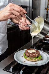 burger, frites, repas, chèvre, miel, noix, poire, bœuf, 