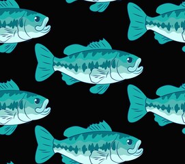 drawing fish vector seamless pattern, black background. marine texture.