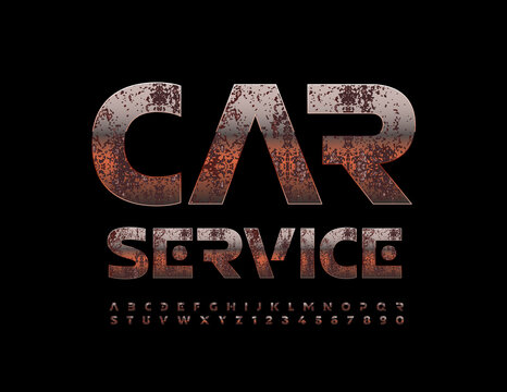 Vector industrial logo Car Service. Old metal Alphabet Letters and Numbers set. Creative rusty Font
