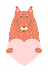 Cute cartoon animal holds a heart sign with copy space. set valentine's day greeting card banner invitation flyer brochure. cartoon hand drawn style. Little animals pets in love, declaration of love