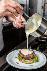 burger, frites, repas, chèvre, miel, noix, poire, bœuf, 