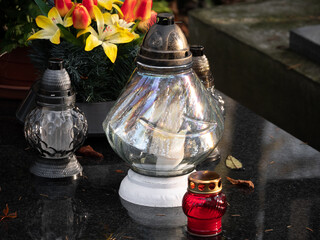 Cemetery grave candle lantern. All Saints' Day, Feast of All Souls. Commemoration of All the...