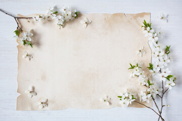 Blossoming branches of cherry plum and old paper for text on a white wooden background, postcard for congratulations.