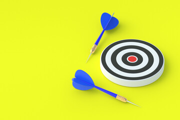 Toys for kids. Hobbies and leisure. International tournament, competition. Darts game on yellow background. Dart and bullseye. Copy space. 3d render