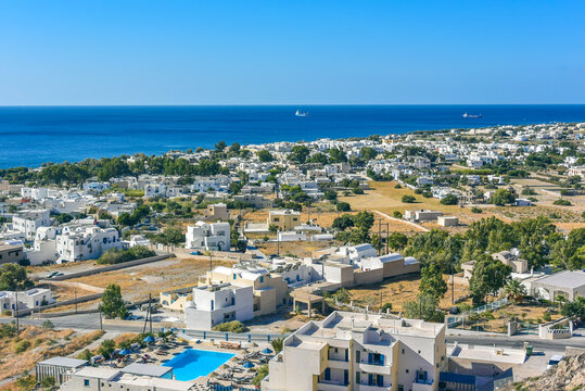 Perissa village, aerial view from Messavouno (M&eacute;sa Voun&oacute;) mountain on Santorini island, Greece.