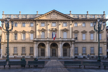 Fototapeta na wymiar Façade of the Music Conservatory Giuseppe Verdi in Piazza Bodoni square in the historic centre of Turin, Piedmont, Italy