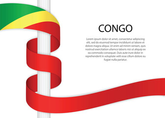 Waving ribbon on pole with flag of Congo. Template for independence day