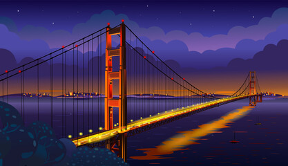 The Golden Gate Bridge across the strait. San Francisco. Night view. Vector illustration - obrazy, fototapety, plakaty
