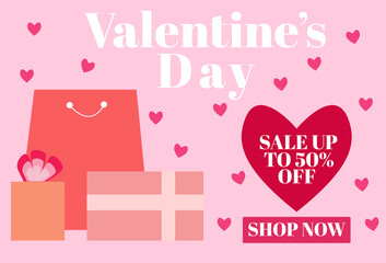 Valentine's Day Sale 50% off Poster or banner with many sweet hearts and sweet gifts on red background.Promotion and shopping template or background for Love and Valentine's day concept