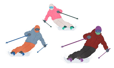 Illustration set of people skiing