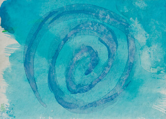 Watercolour spiral motive. Colourful. Abstract background. Splashes. Blue colour. Aquarele paper. Hand painted.