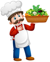 Chef man holding vegetable bucket cartoon character isolated on white background