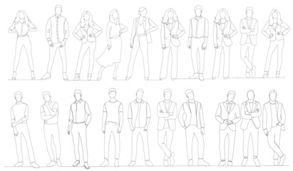 people set drawing by one continuous line, isolated, vector