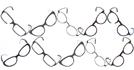 collage of eyeglass frames on a white background. Glasses on a white background, collage