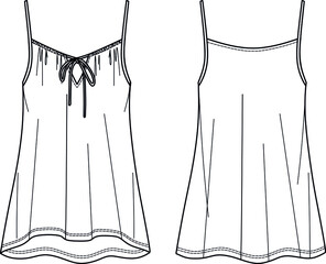 vector summer tank top fashion CAD, sleeveless woman top with drawstring detail technical drawing, sketch, template