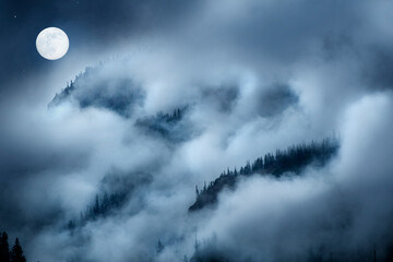 Beautiful photo illustration of bright full blue moon as it rises over the layers of fog and clouds...