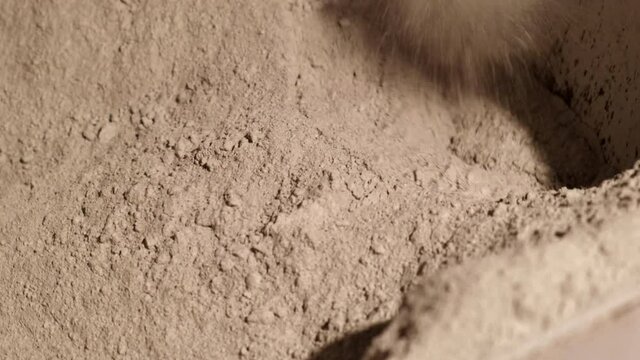 Dry Building Mixture Sieved through Automatic Sieve. Close-up. Vibration Of Apparatus Makes Plaster Fall Through. Male Builder in Glove Mixes Plaster with Trowel. Construction Site. Renovation Work