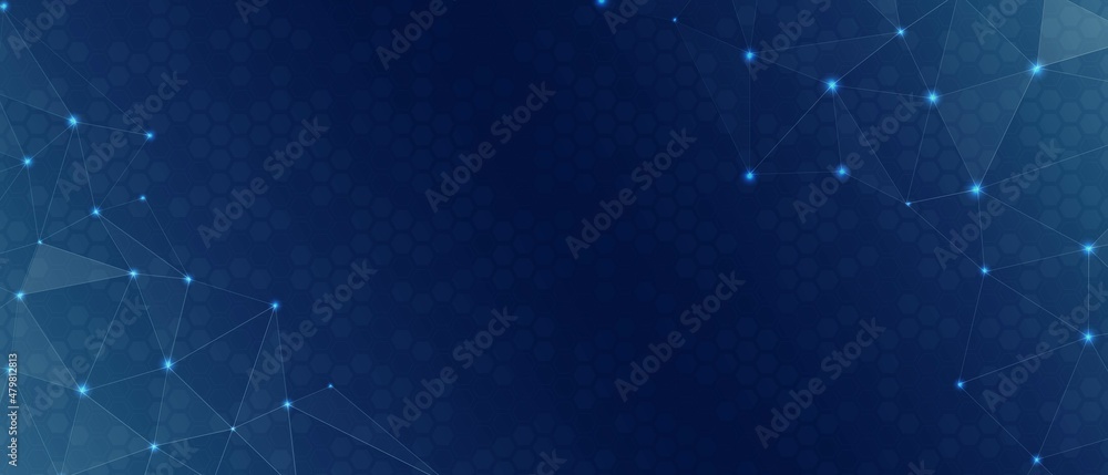 Poster neon technology background. design of hexagons and a grid of lines and luminous dots. cells, a digit