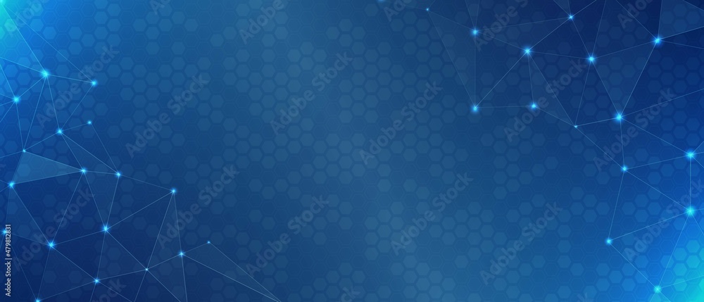Poster neon technology background. design of hexagons and a grid of lines and luminous dots. cells, a digit