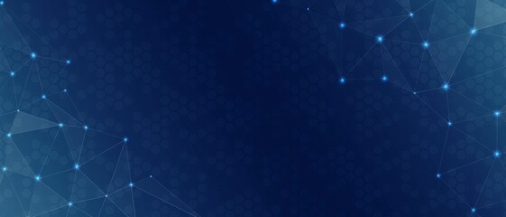 Neon technology background. Design of hexagons and a grid of lines and luminous dots. Cells, a digital mobile network. Bright stars. A banner with abstract triangles. Social network. Vector