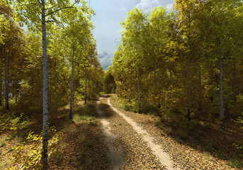 Dirt road with tire tracks in an autumn forest on a sunny day. 3D render.