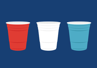 Party cup isolated on red background, vector illustration. Red, White and Blue beer cup vector. Beer pong. - obrazy, fototapety, plakaty