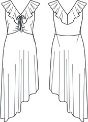 Vector summer dress fashion CAD, woman asymmetric hem chic dress technical drawing, volant detailed dress fashion flat, template, sketch