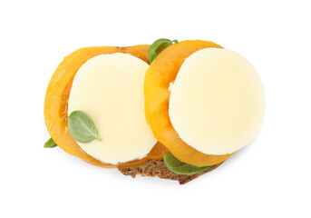 Delicious sandwich with mozzarella, yellow tomato and basil isolated on white, top view